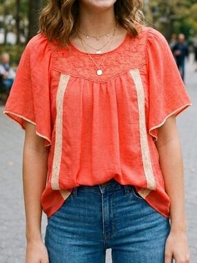NWOT Altar'd State Boho-Chic Coral Flower Embroidered Flutter Sleeve Top SZ-M